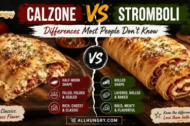 Calzone vs Stromboli comparison showing differences in shape, cheese filling, and texture