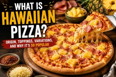 Classic Hawaiian pizza with ham, pineapple, mozzarella cheese, and tomato sauce